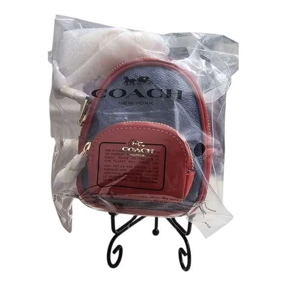 COACH Mini Backpack Bag Charm in Signature Canva and Leather Navy and Red - Picture 11 of 11
